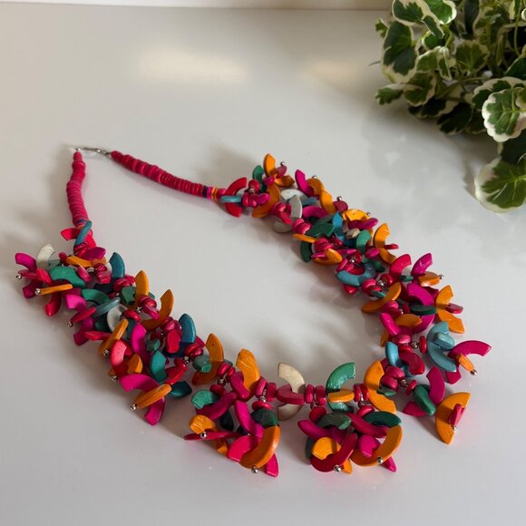 Boho Multicolor Wooden Bead Statement Necklace Chunky Tropical Artisan Jewelry - Picture 4 of 8
